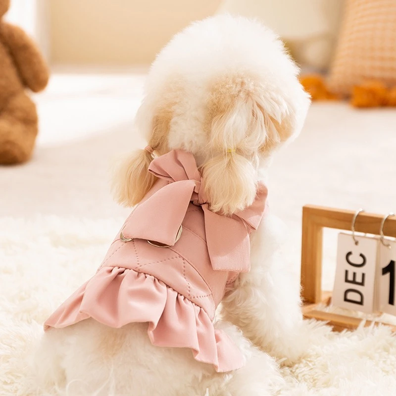 Pink Bow Tie Dog Winter Clothes Snowy Days Soft Fur Collar Pet Leash Coats Small Medium Puppy Puffer Solid New Year Down Jacket