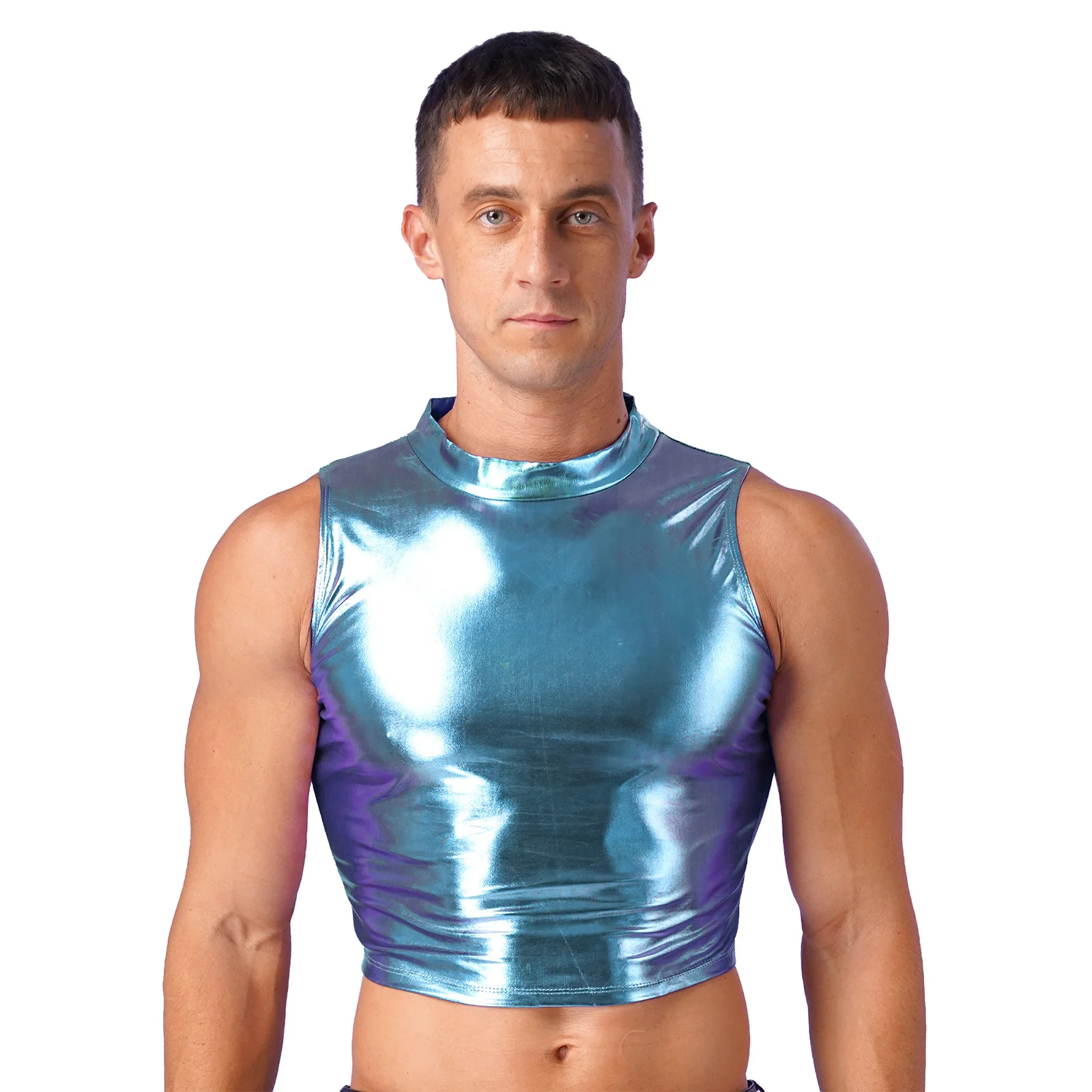 Sexy Metallic Crop Top Mens Wet Look Sleeveless Patent Leather Tank Tops Short Vest Dancing Rave Party Clubwear Summer Man\'s Top