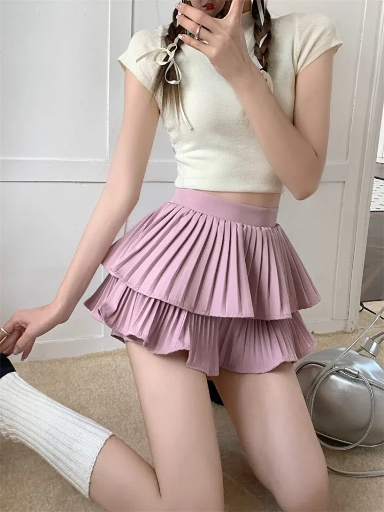 HOUZHOU Ruffles Skirt Shorts Women Summer Double Layered Patchwork High Waist School Pleated Mini Skirt Korean Style Casual