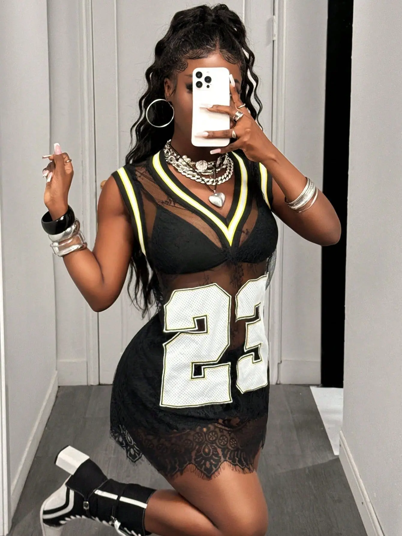 Malha renda com decote em v camisa vestido mini clube vestidos de beisebol verão feminino festa y2k streetwear outfits sexy bodycon ver através do vestido