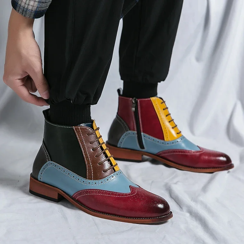 Colorful Men Boots with High Top Lace Up and Side Zipper PU Stitching Fashionable Carved Men Boots Business Banquet Men Boots