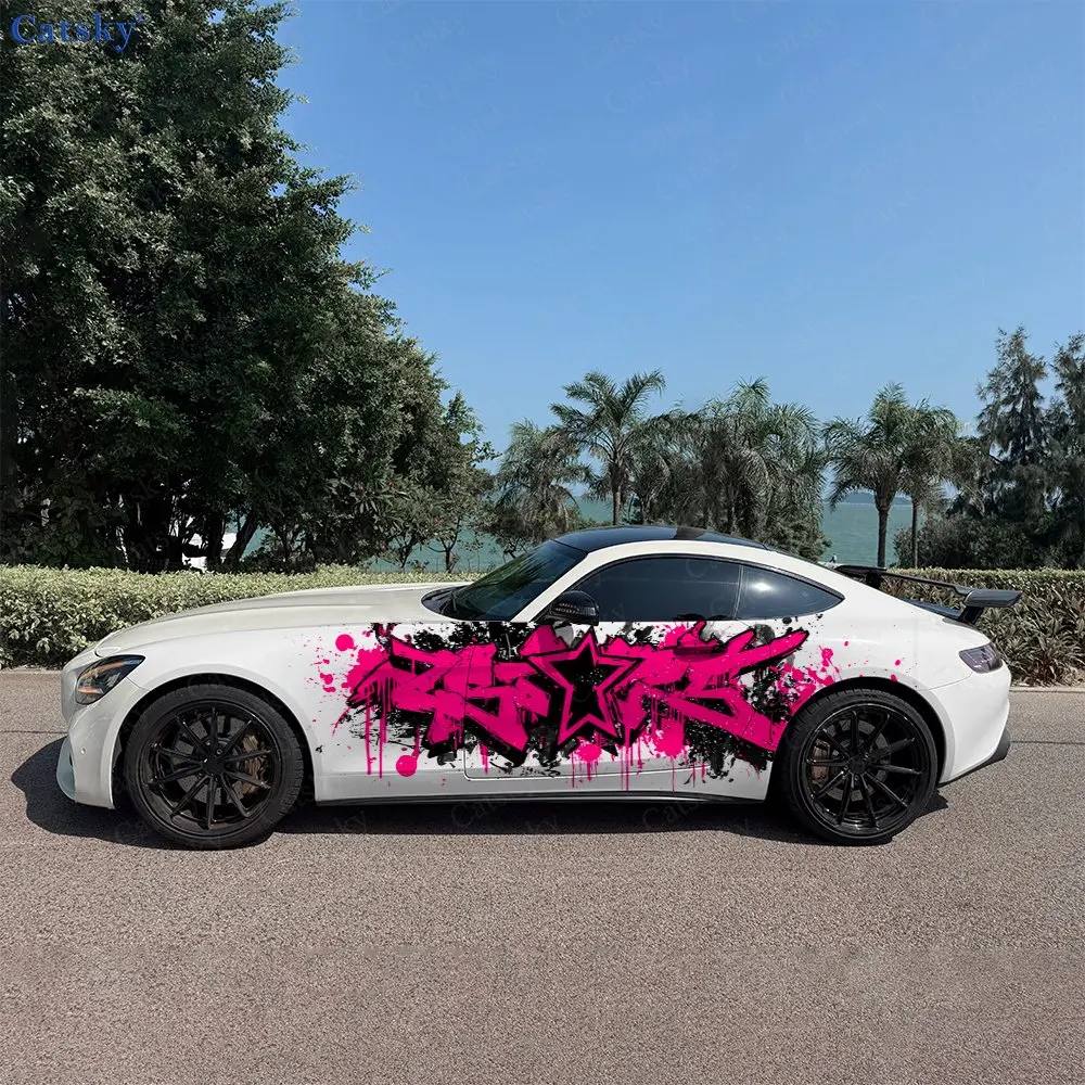 

2pcs Graffiti Pink Pentagram Splash Decal, Durable, Fade-Resistant, Enhance Vehicle Aesthetic With Bold Design Car Vinyl Wrap