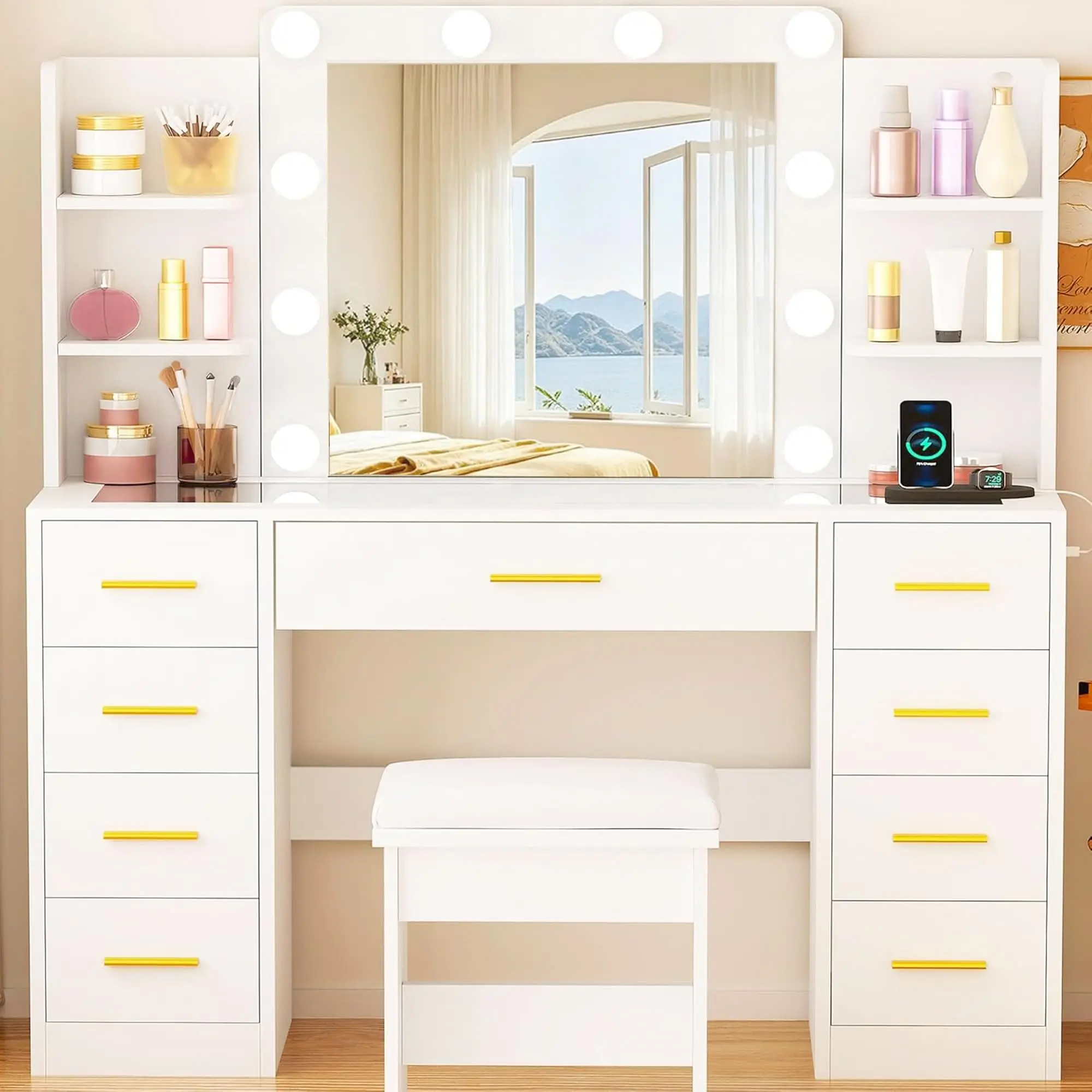 White Desk with LED Lighted Mirror & Glass Top, 9 Ders