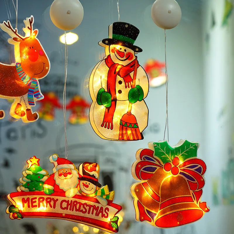 LED Sucção Cup Hanging Light, Santa Deer, Window Display Decoração, Pendant Lamp, Party Home Showcase Iluminação, 3pcs