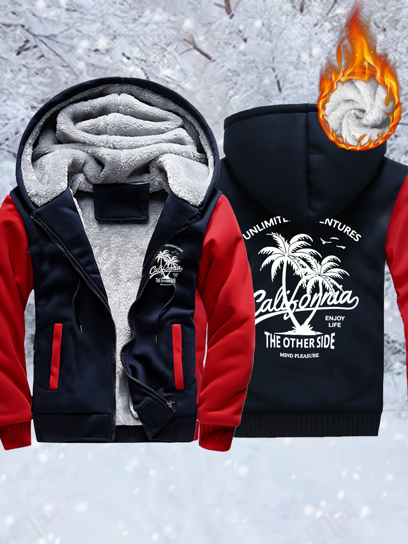 

California Unlimited Adventures Print Men Thicken Jacket Loose Camouflage Coats Raglan Zipper Hoodies Winter Fleece Streetwear