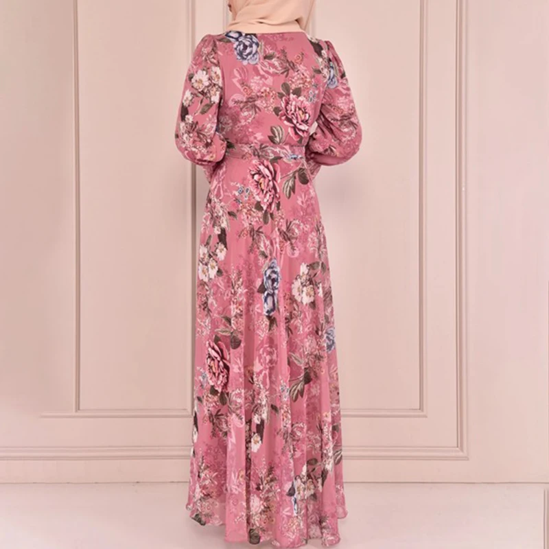 Muslim Africa Dresses For Women 2022 Bow Collar Abayas Floral Printed Micro Flare Sleeve Boho Long Robe Chiffon Temperament