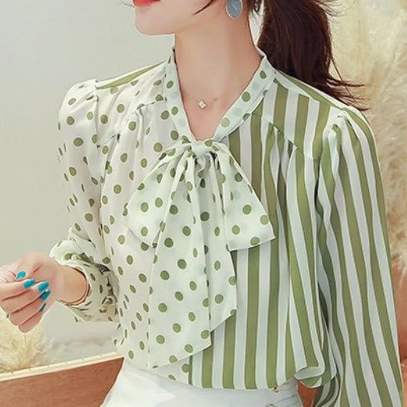 Spring Summer Bow Patchwork Striped Print Thin Blouse Long Sleeve Contrast Loose Office Shirt Tops Elegant Fashion Women Clothes