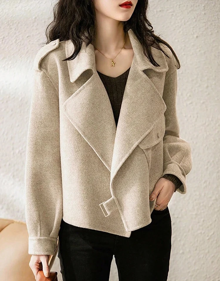 

New Popular Woman Bomber Jacket Coat Autumn Winter Warm Belt Design Woolen Jacket for Women Solid Khaki Elegant