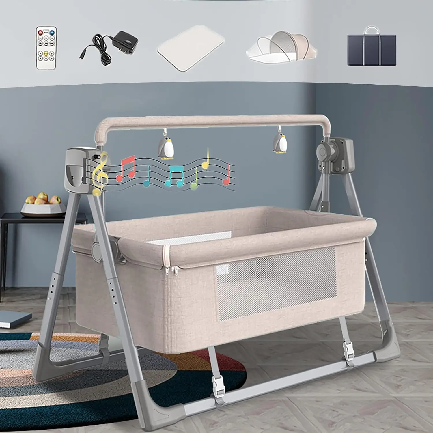 Electric Baby Swing Bed Foldable Portable Rocking Cradle with Timing Music Automatic RC Rocking Recliner Crib Basket for Infant