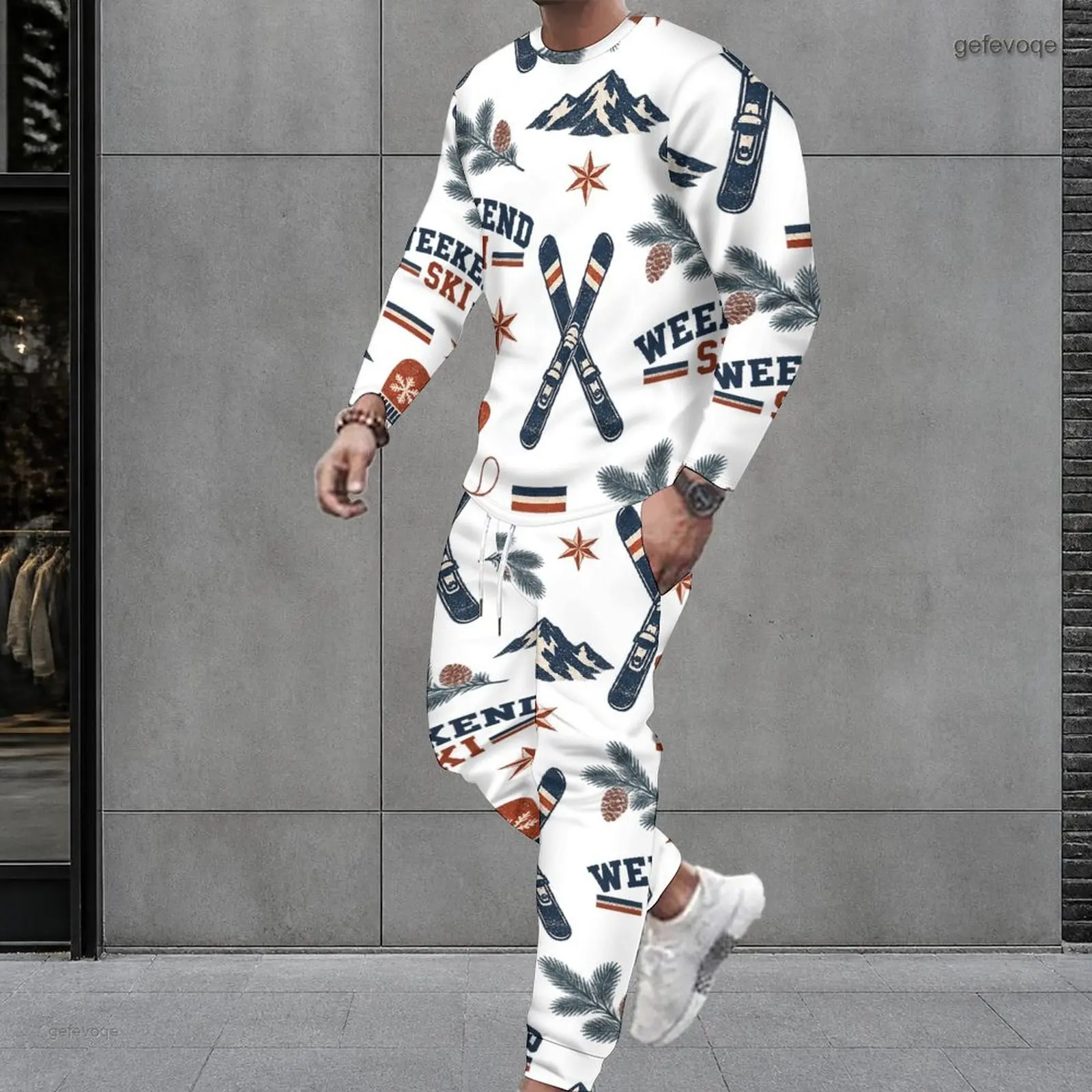 Men White Printed Ski Mountain Pine Pattern Round Neck Long Sleeve Top and Cuffed Pants Two Piece Set