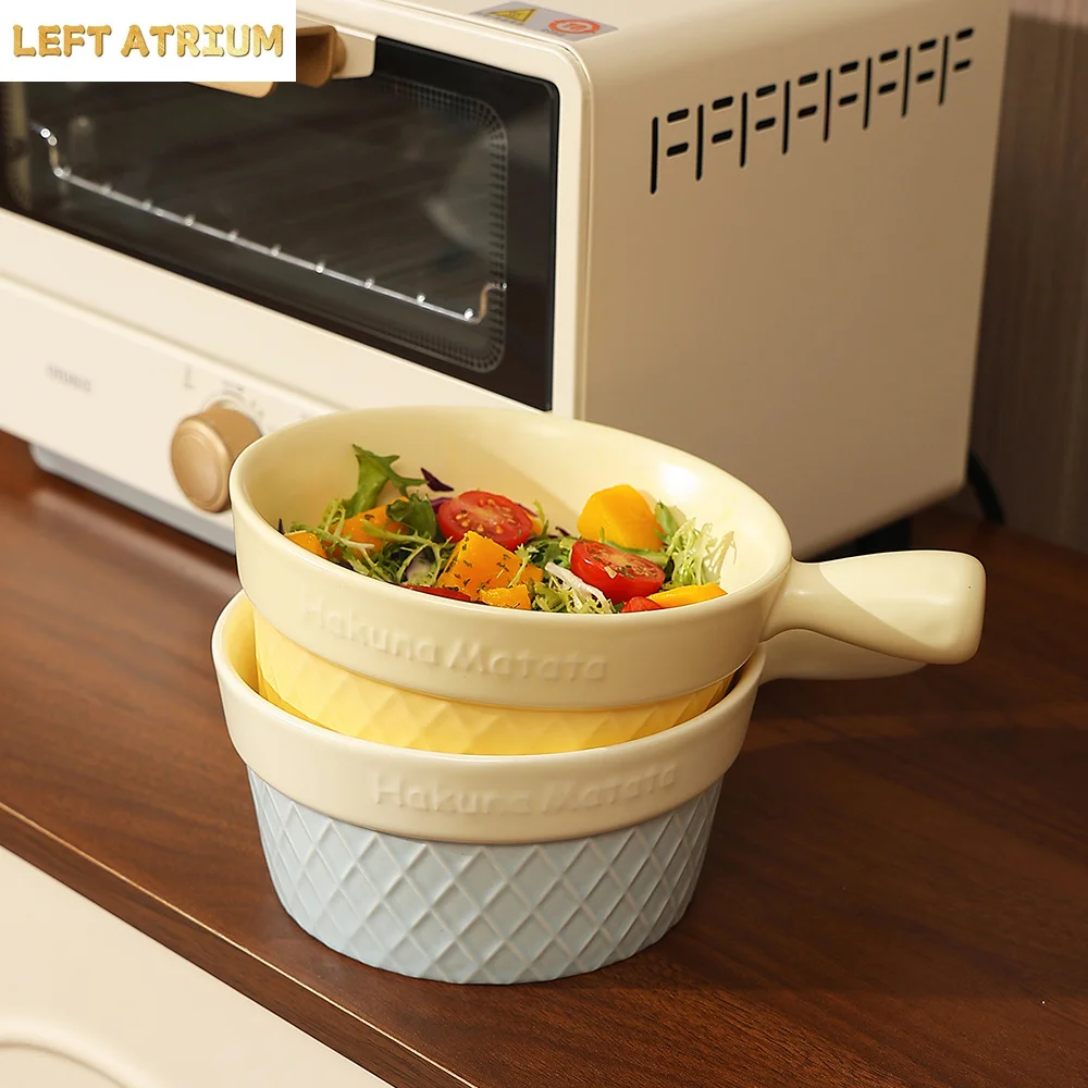 

Korean Ins Porcelain Handgrip Bowl Round Contrast Color Ceramic Household Dinnerware Fruit Salad Yogurt Bowls Kitchen Supplies
