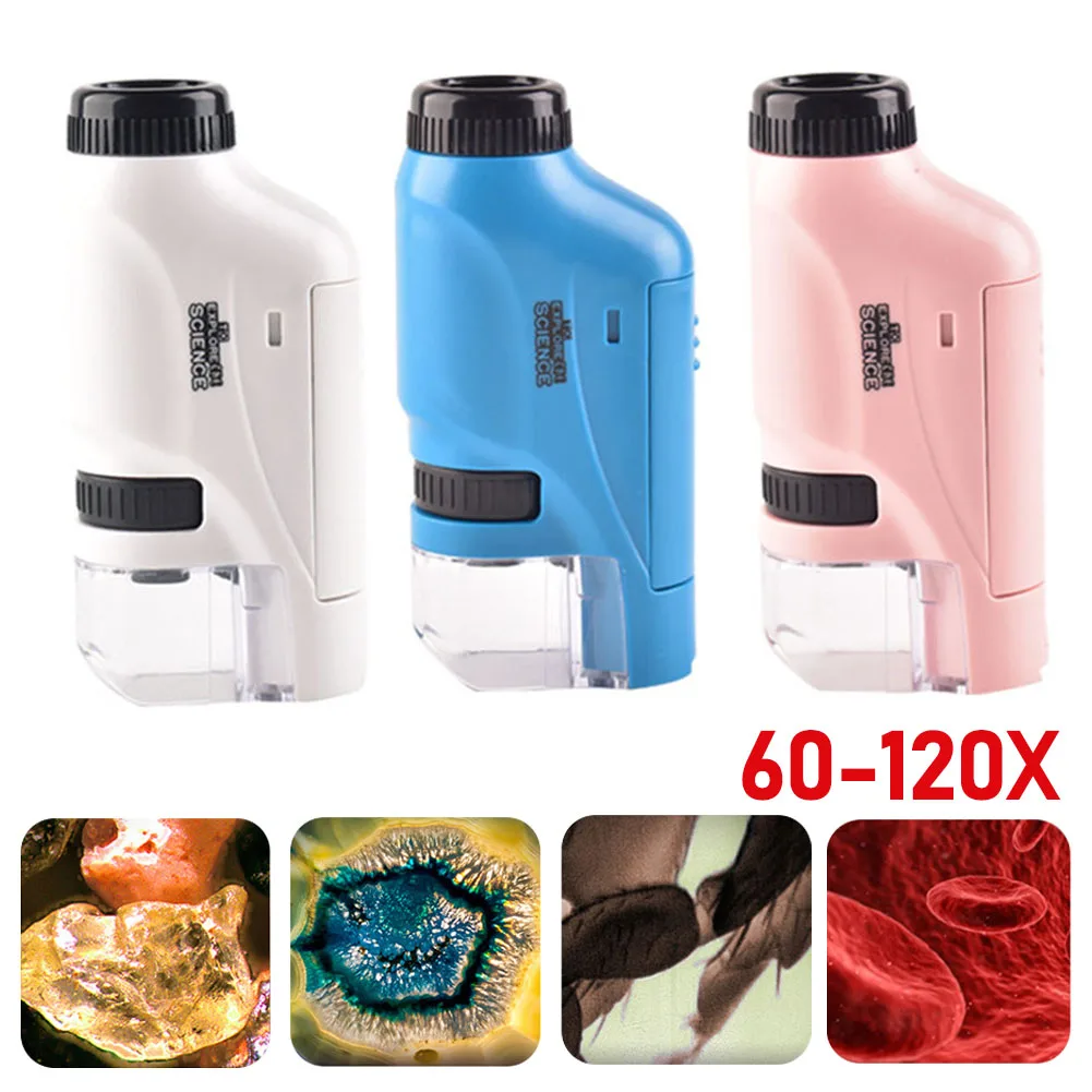 Imagem -02 - Mini Bolso Handheld Microscópio Kit Alimentado por Pilhas Ciência Biológica Led Lab Light 60x120x Ciência Biológica
