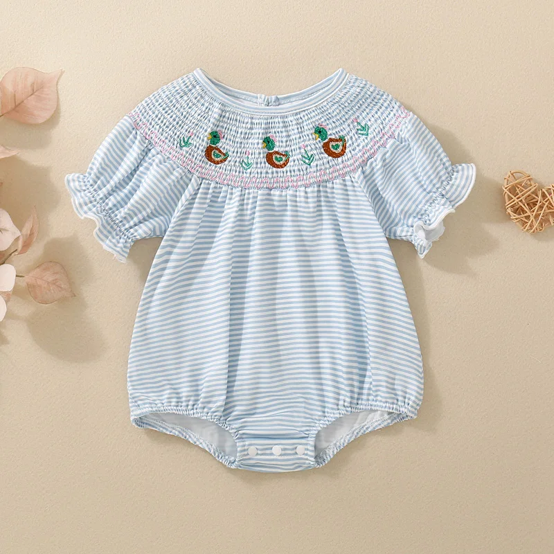 2024-11-20 Lioraitiin Summer Baby Girls Smocked Rompers Striped Duck Embroidery Crew Neck Bubble Short Sleeve Infant Jumpsuit