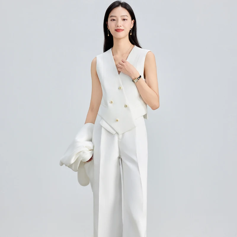 ZJYT Elegant Chic Ladies Vest and Pants Suit 2 Pieces Womens Outfit Blue Autumn New Korean Style Office Work Wear Top Trousers