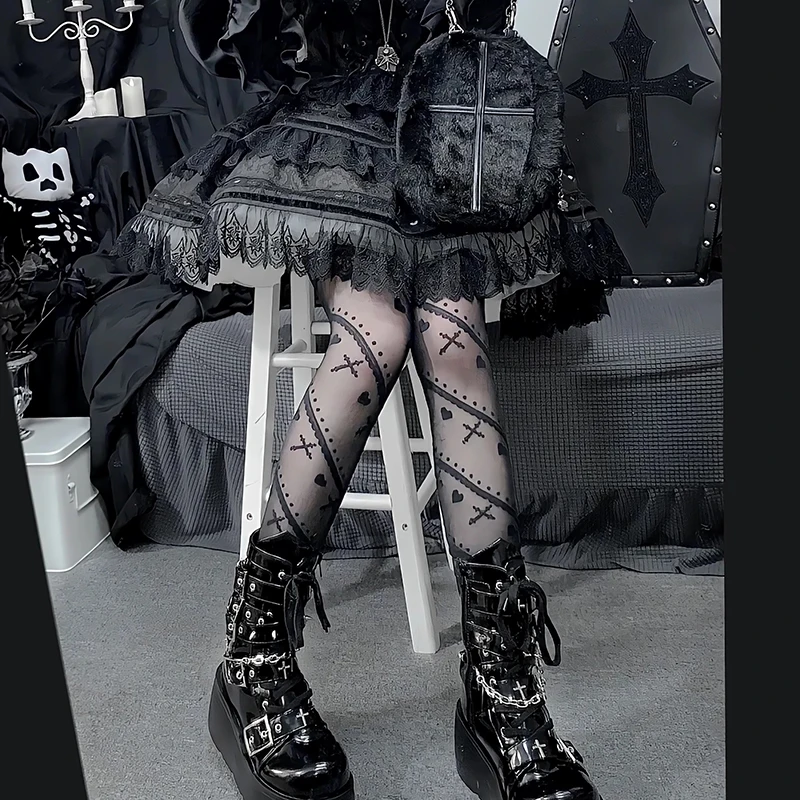 Japanese sweet cool girl pantyhose jk black socks women's spring summer love striped printed stockings black silk lolita