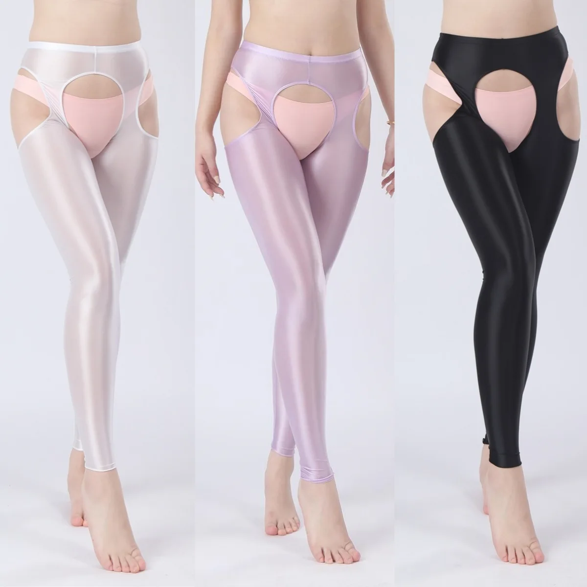 Shiny Sheer Tights Open Crotch Pantyhose Women Plus Size Cutout Leggings Sex Skinny Pants Lingerie Garter Belt Suspender Tights
