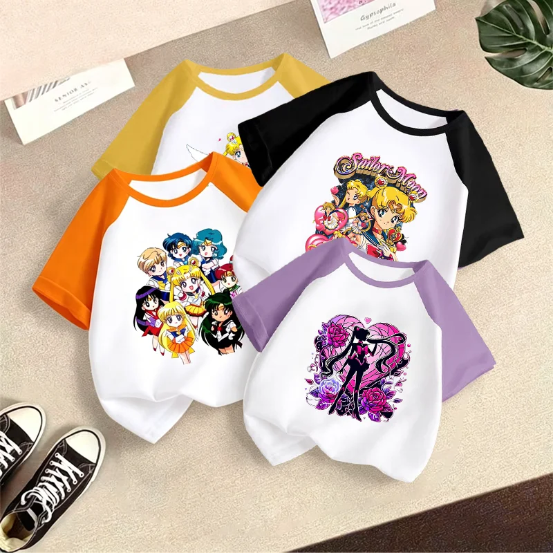Sailor Moon Cotton Raglan T-shirt Unisex Cute Cartoon Anime Graphic T-shirts Summer Fashion Short Sleeves Comfortable Tops Gifts