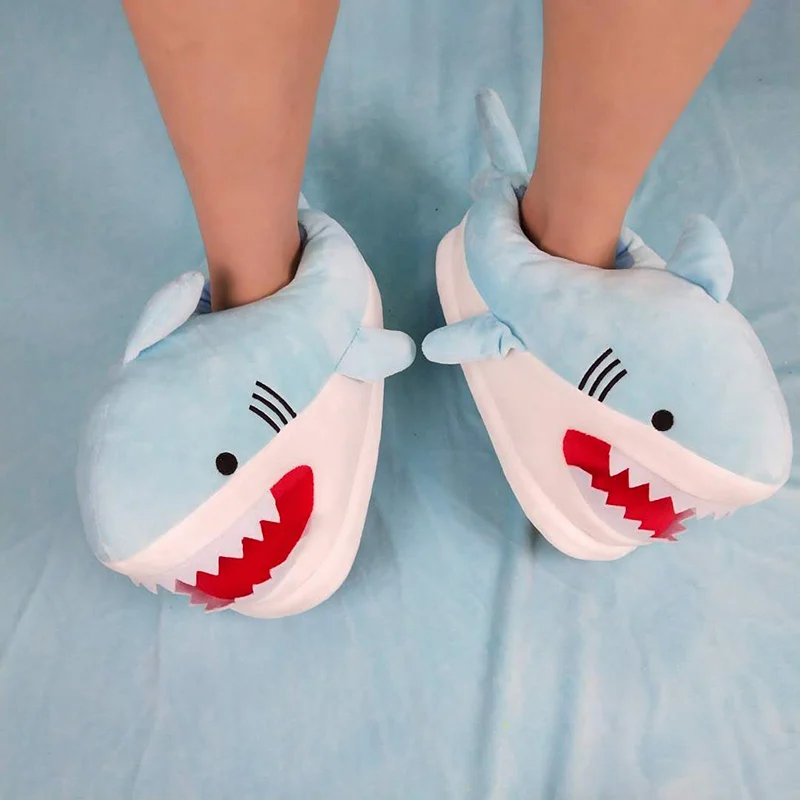 Feerldi girls boys shark winter slipper woman cartoon anime slip on shark slides female shoe open mouth fish cotton shoes