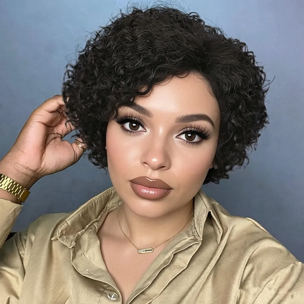 

Парик пикси, 150% плотность, 6 дюймов, натуральный черный цвет, короткий кудрявый парик из человеческих волос, 13x1 T-образная кружевная основа, для вечеринок и праздников.