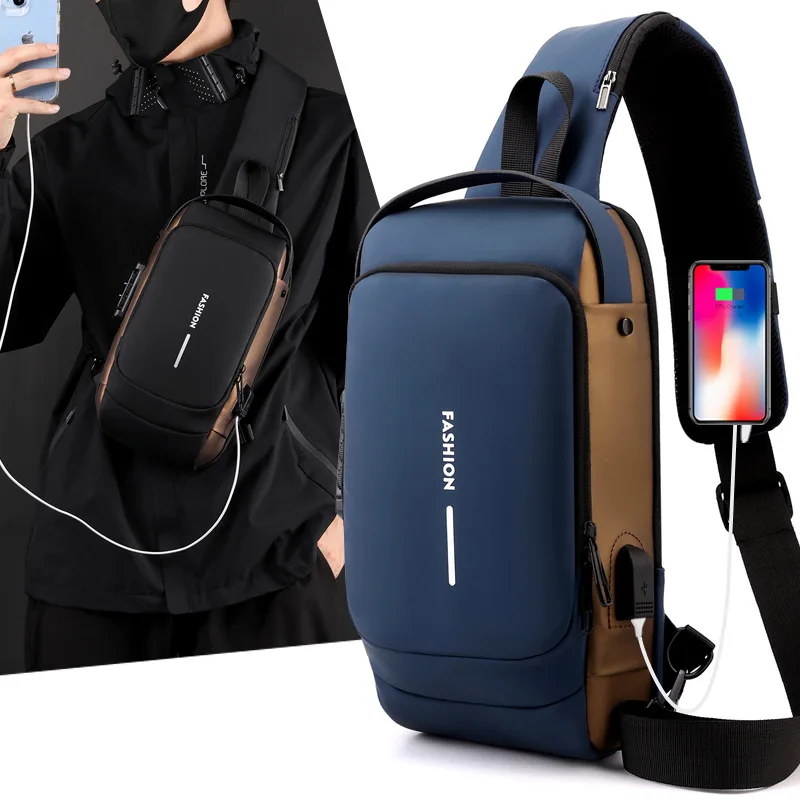 

USB Charging Crossbody Package Men Anti Theft Chest Bag Shoulder Bags School Short Trip Messengers Bags Men's Oxford Sling Pack