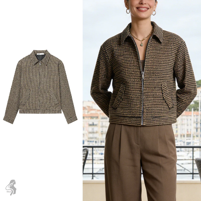

Womens Houndstooth Lapel Zipper Short Jacket With Pleated Hem Retro Casual Commuter Coat For Fall And Winter Women Winter Coats