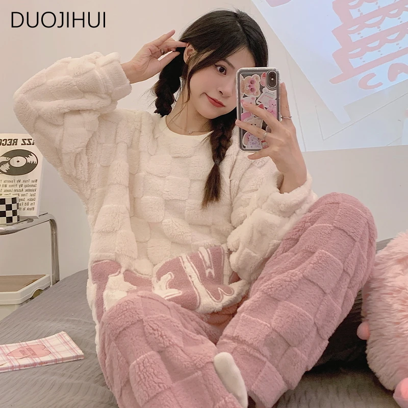 DUOJIHUI Two Piece Classic O-neck Simple Pullovers Female Pajamas Sets Basic Simple Pant Fashion Casual Home Pajamas for Women