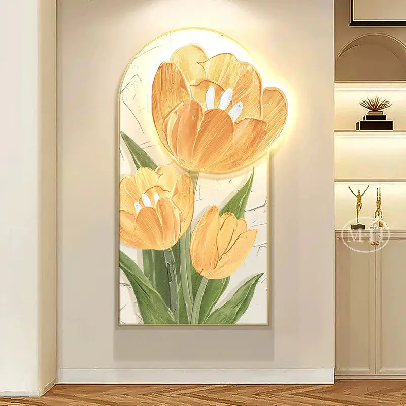 French cream style entrance decoration painting, three-dimensional luminous flower, living room mural, lamp hanging painting