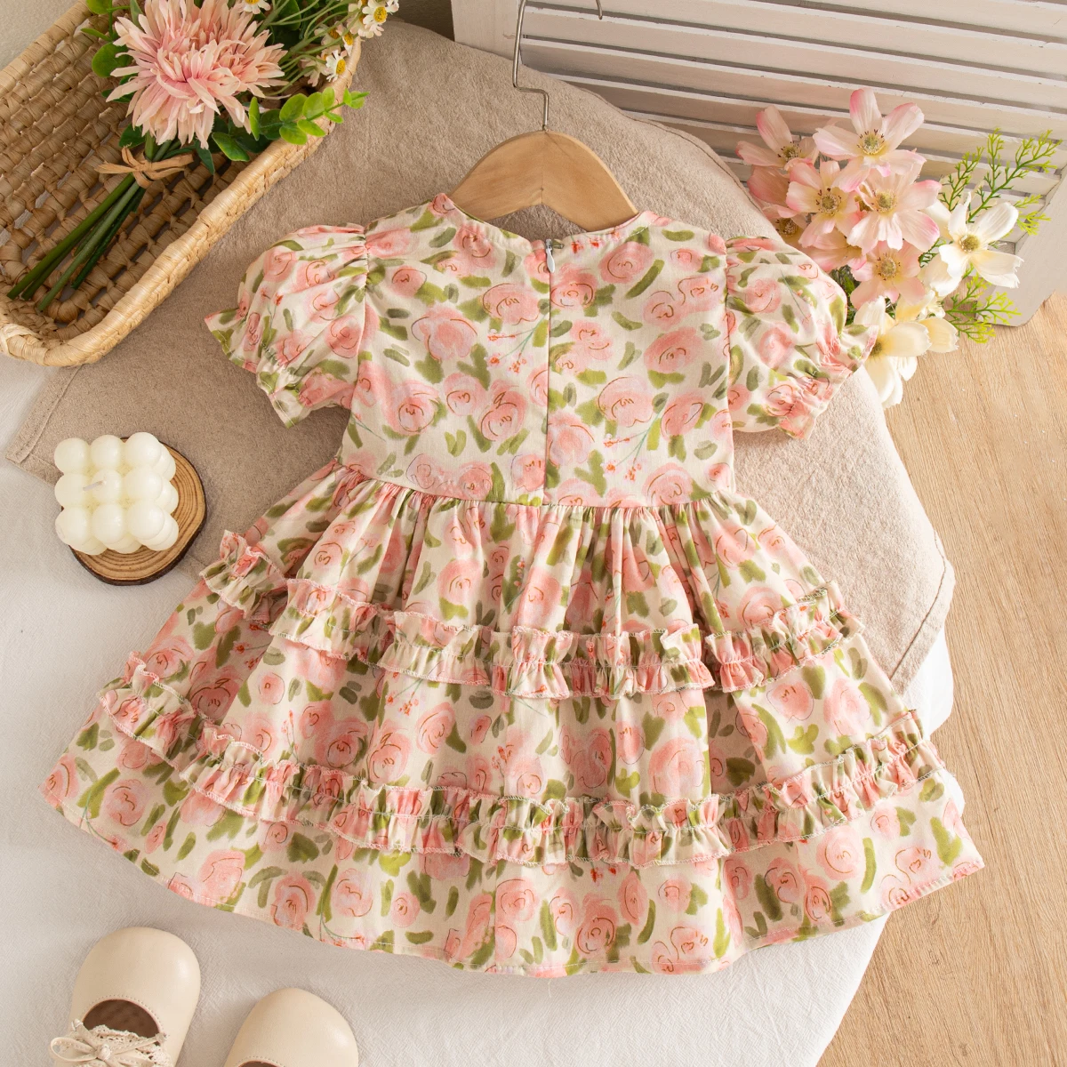 Vestito Estivo per Bambina con Stampa Floreale e Fiocco, Manica Corta, Abito da Spiaggia Carino per Neonata, Abbigliamento per Bambina