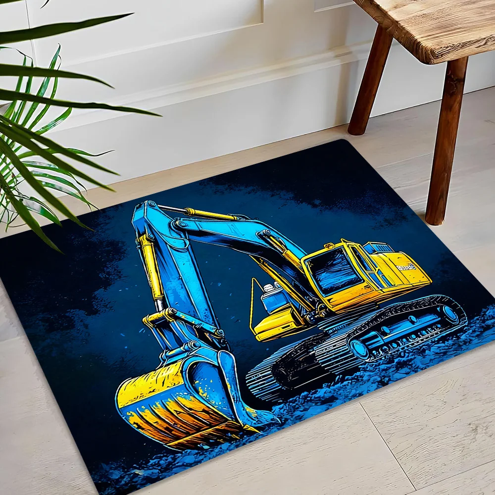 VIKAMA Excavator Doormat Cartoon Construction Truck Print Non‑Slip Washable Entrance Mat Kids Room Home Decor Floor Rug