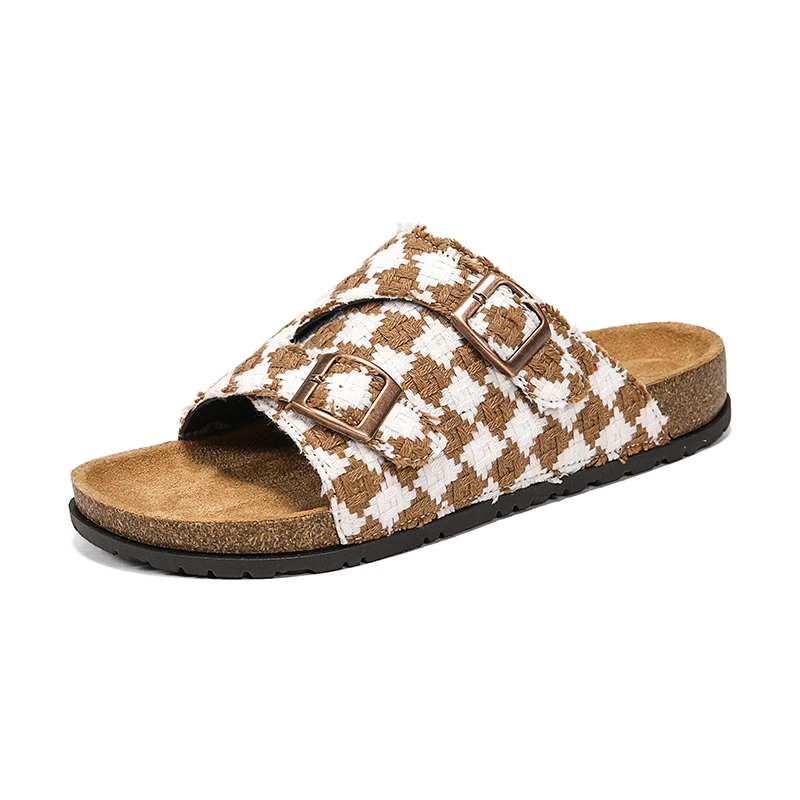 Sandalias Planas Unisex con Diseño Vintage a Cuadros, Plantilla de Corcho, Ajustables con Doble Hebilla, Antideslizantes, Calzado Casual de Verano para Hombre y Mujer