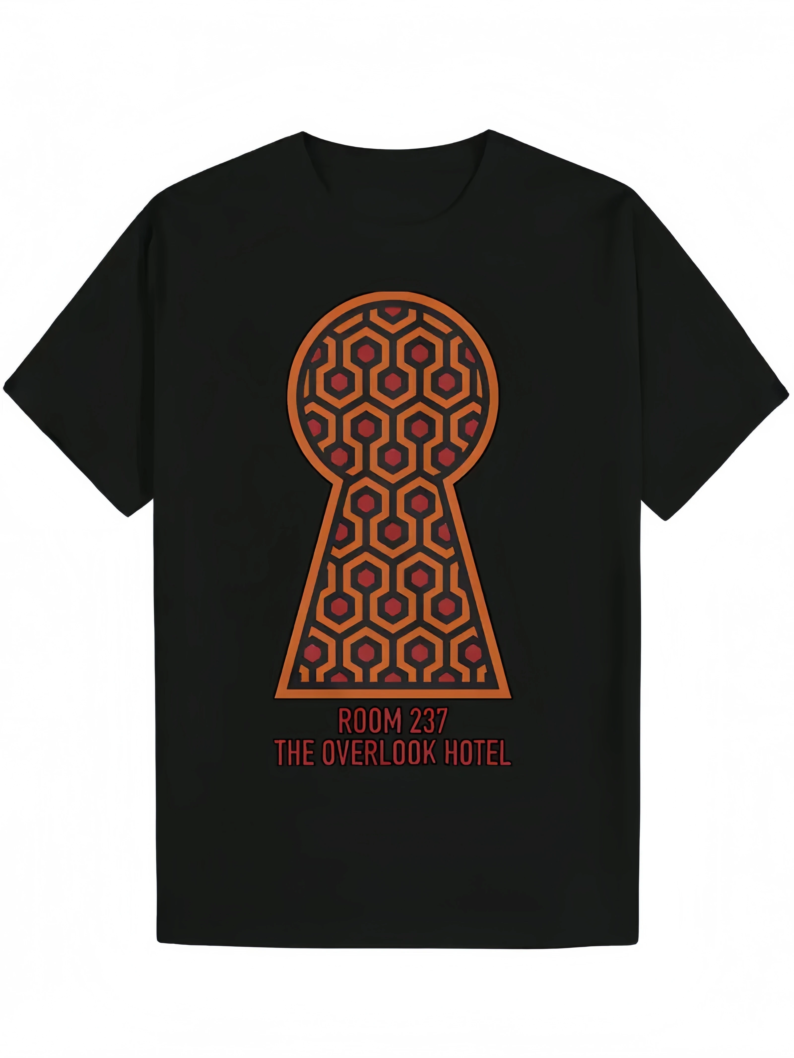 

Men'S Summer Casual Graphic T-Shirt - Black with Orange & Red Geometric Design, "THE OVERLOOK HOTEL" Text, Round Neck