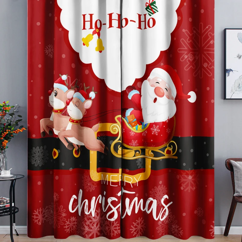 Christmas Atmosphere Red Curtains Cartoon Santa Claus Snowman Gift Curtains Blackout Perforated Bedroom Living Room Curtains