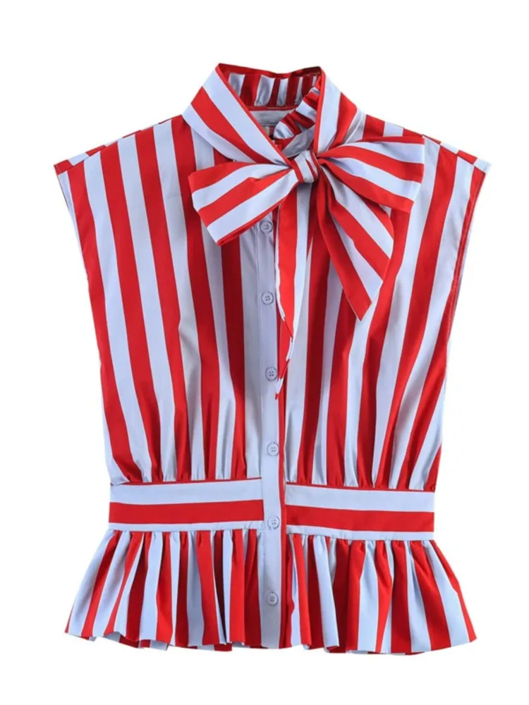 Women's Shirt 2026 New Spring Summer Bowknot Sleeveless Slim Striped Shirt for Women Casual Chic Personality Female Shirt