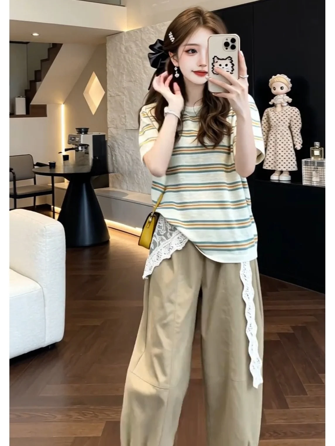 

Fashionable Striped Short Sleeve T-Shirt Lace Casual Pants Elegant Three-Piece Set for Women Summer Season Polyester Fabric