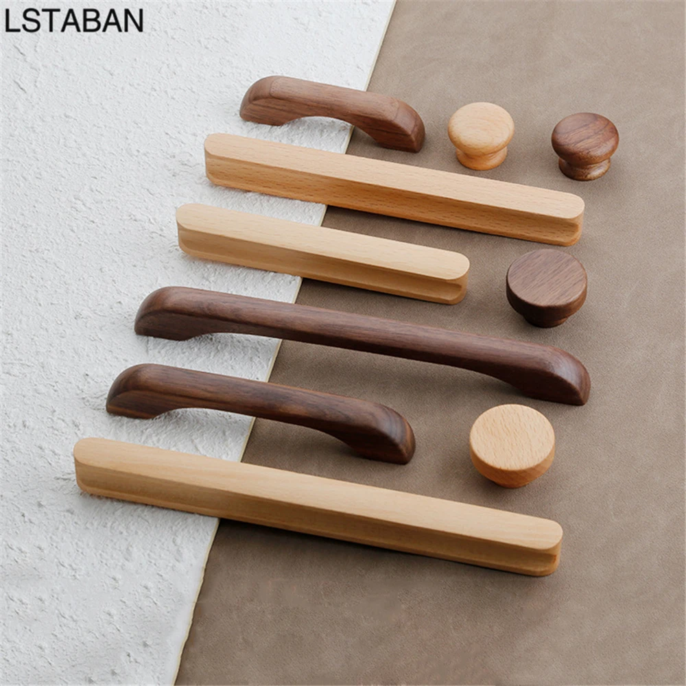 Walnut Solid Wood Cabinet Handles Beech Wooden Furniture Door Handle Kitchen Cupboard Drawer Knobs Wardrobe Hardware Pull Handle