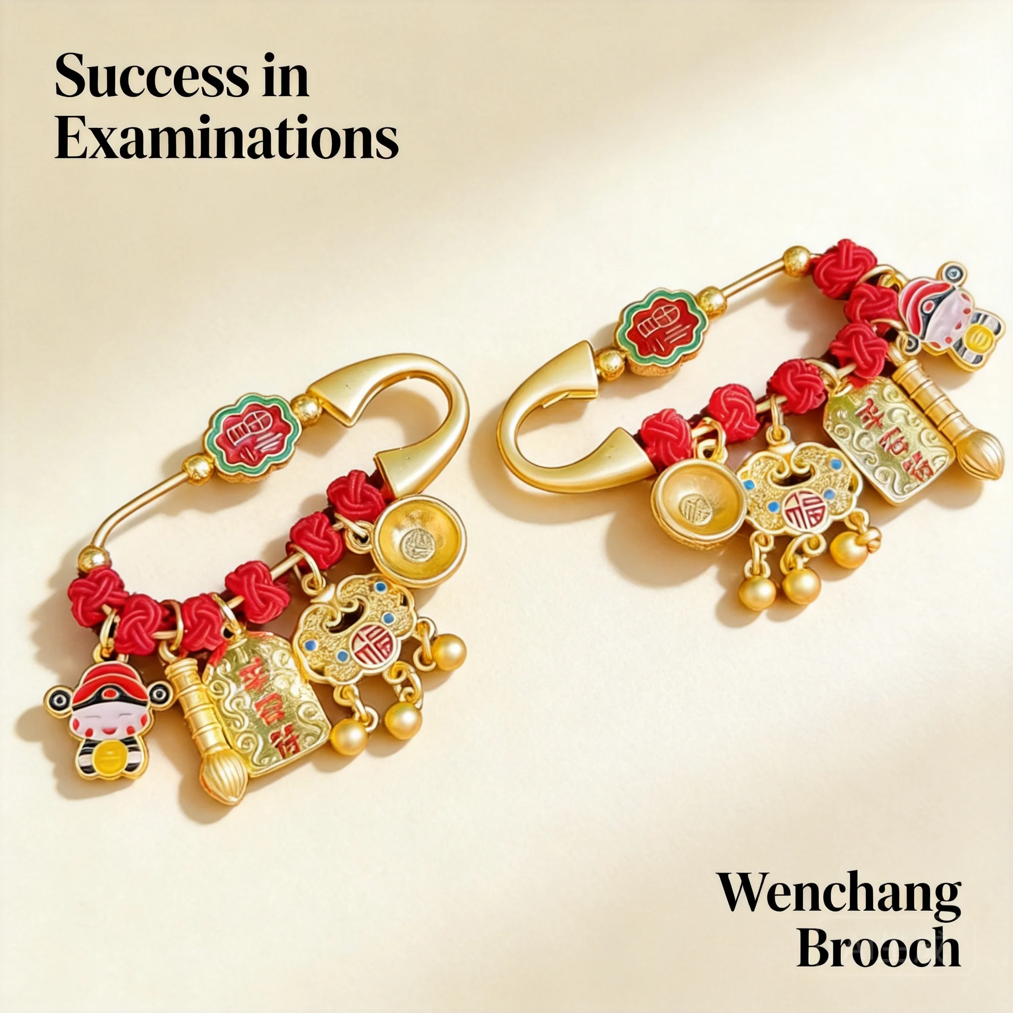 Chinese Lucky Gold Plated Safety Brooch Bless Exam Success Good Fortune Auspicious Pendant Feng Shui Jewelry Gift For Students