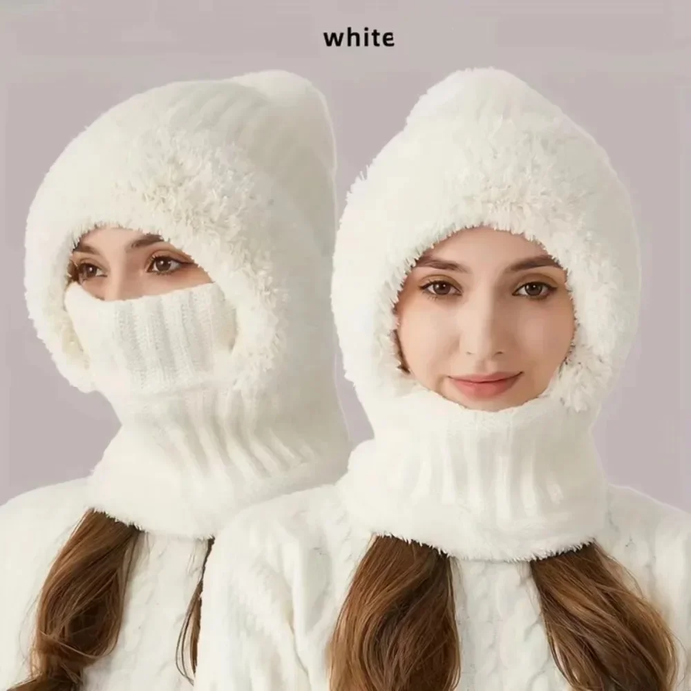 

Women Hooded Cap Winter Velvet Knitted Woolen Balaclava Hat Ear Protection Fluffy Hat Lady Mask Neck Integrated Warmth Cover Hat