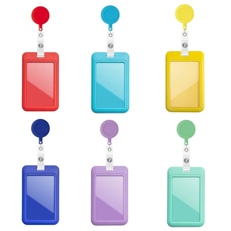 

Solid color sliding ID card holder with retractable ID scroll key ring hard plastic ID holder suitable for office school