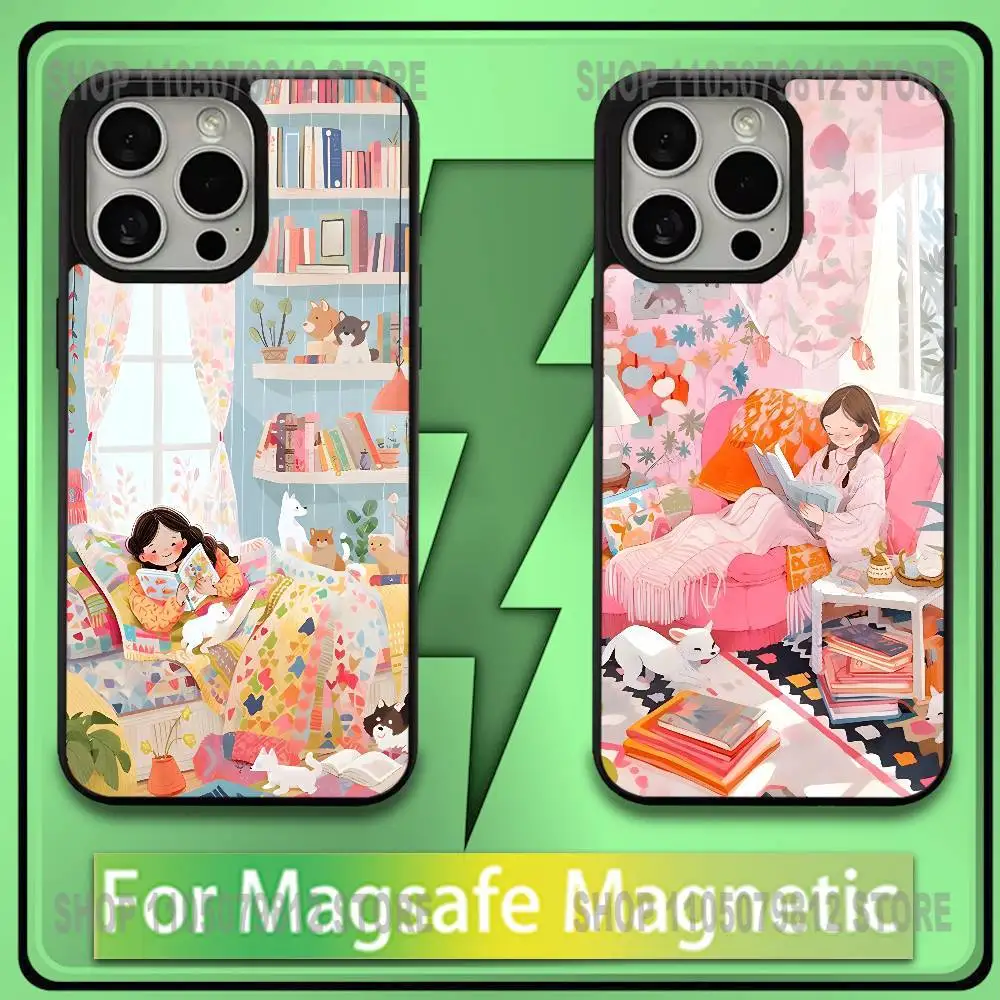 

Уютный чехол для телефона с книжной полкой для чтения для iPhone 17,16,15,14,13,12,11, Plus, Pro, Max, Mini Soft Magesafe с магнитной беспроводной зарядкой