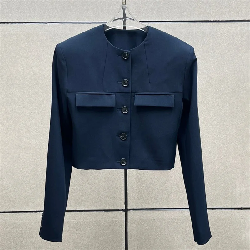 women's jacket New single breasted round neck women's coat for summer 2026 Short slim fit women's long sleeved top y2k blazer