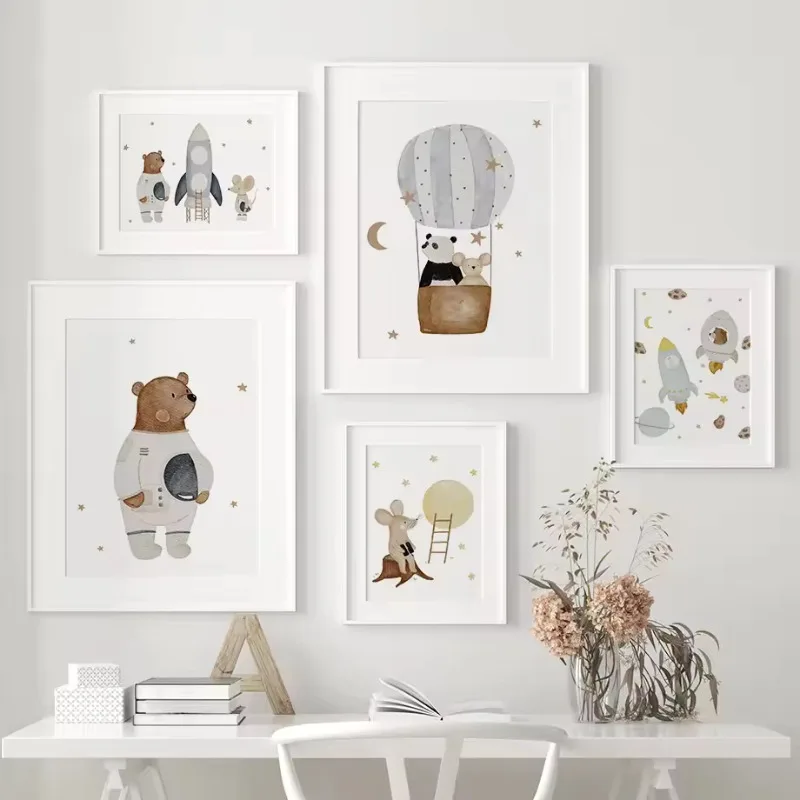 Oso globo De aire caliente avión Luna nube globo guardería cuadro sobre lienzo para pared carteles e impresiones imágenes bebé niños habitación De