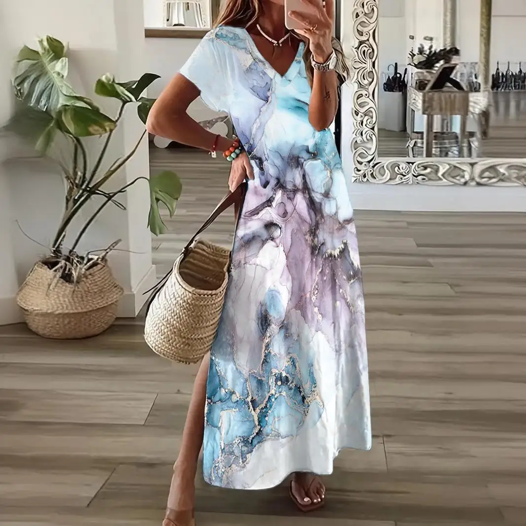 2024 Fashion Split Dress With Ink Painting Women's Summer Dresses Solid Color Elegant Dress V-Neck Short Sleeved Long Dress New