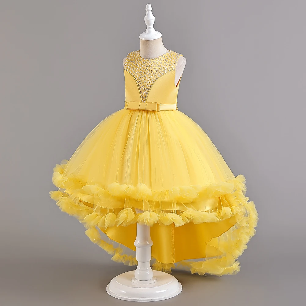 Yellow Sleeveless Children\'s Performance Dress Bow Tail Dress Princess Dress For 3Y to 12Y Birthday Party Wear