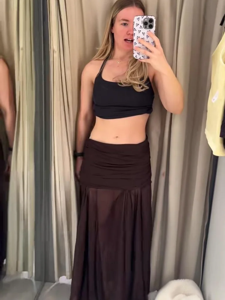 

Women's Skirts See Through Mesh High Waist Patchwork Pleated Female Skirt Vintage Summer New Fashion Lady High Street outwears