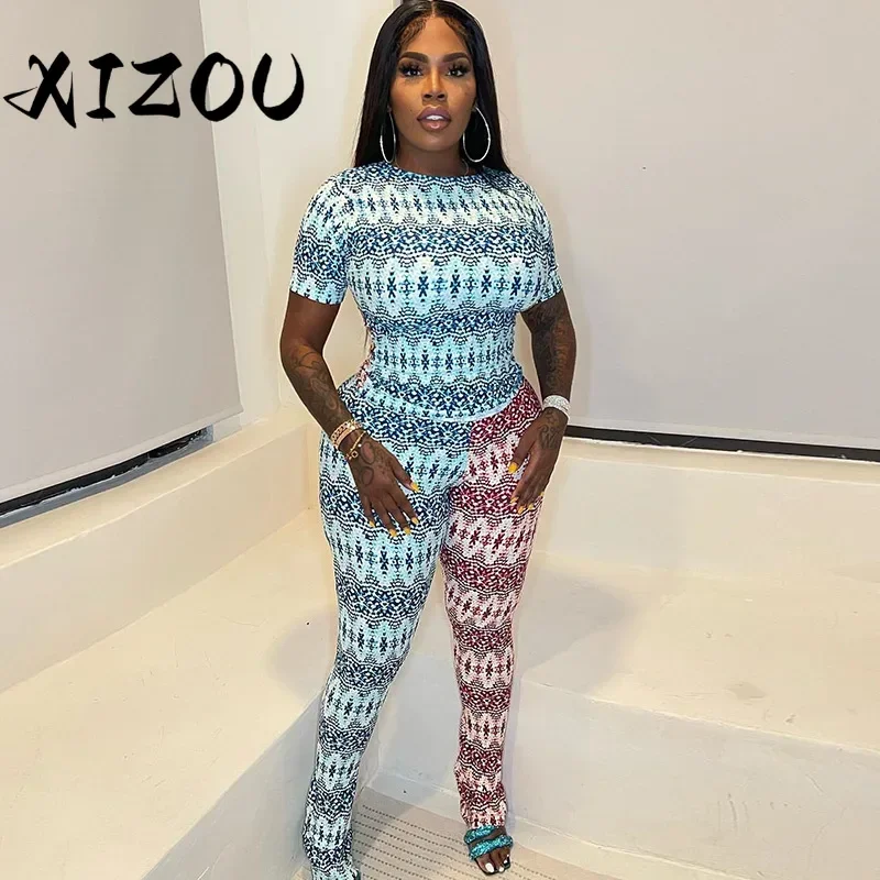 

XIZOU Printed Two Piece Pant Sets Casual Outfits Women Short Sleeve Tshirts + Long Flare Pants Suits Party Clubwear Clothing