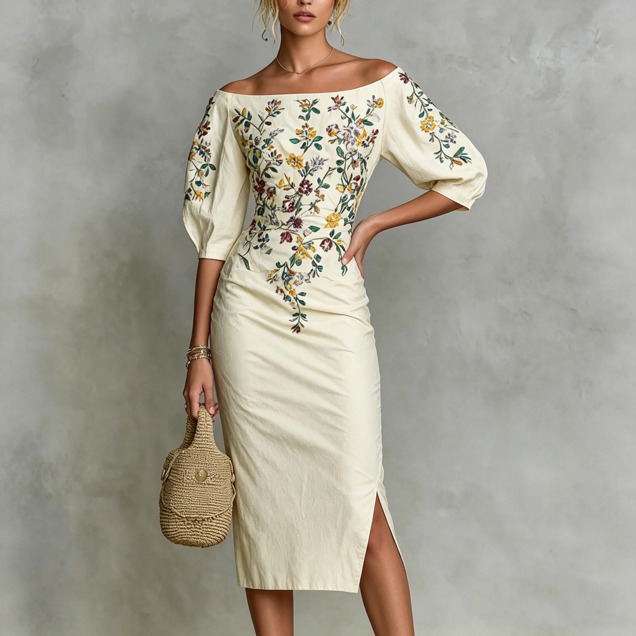 Vintage Floral Embroidery Print Off Shoulder Midi Dress Puff Sleeve Slim Fit Bodycon Split Cocktail Party Dresses For Women view 4