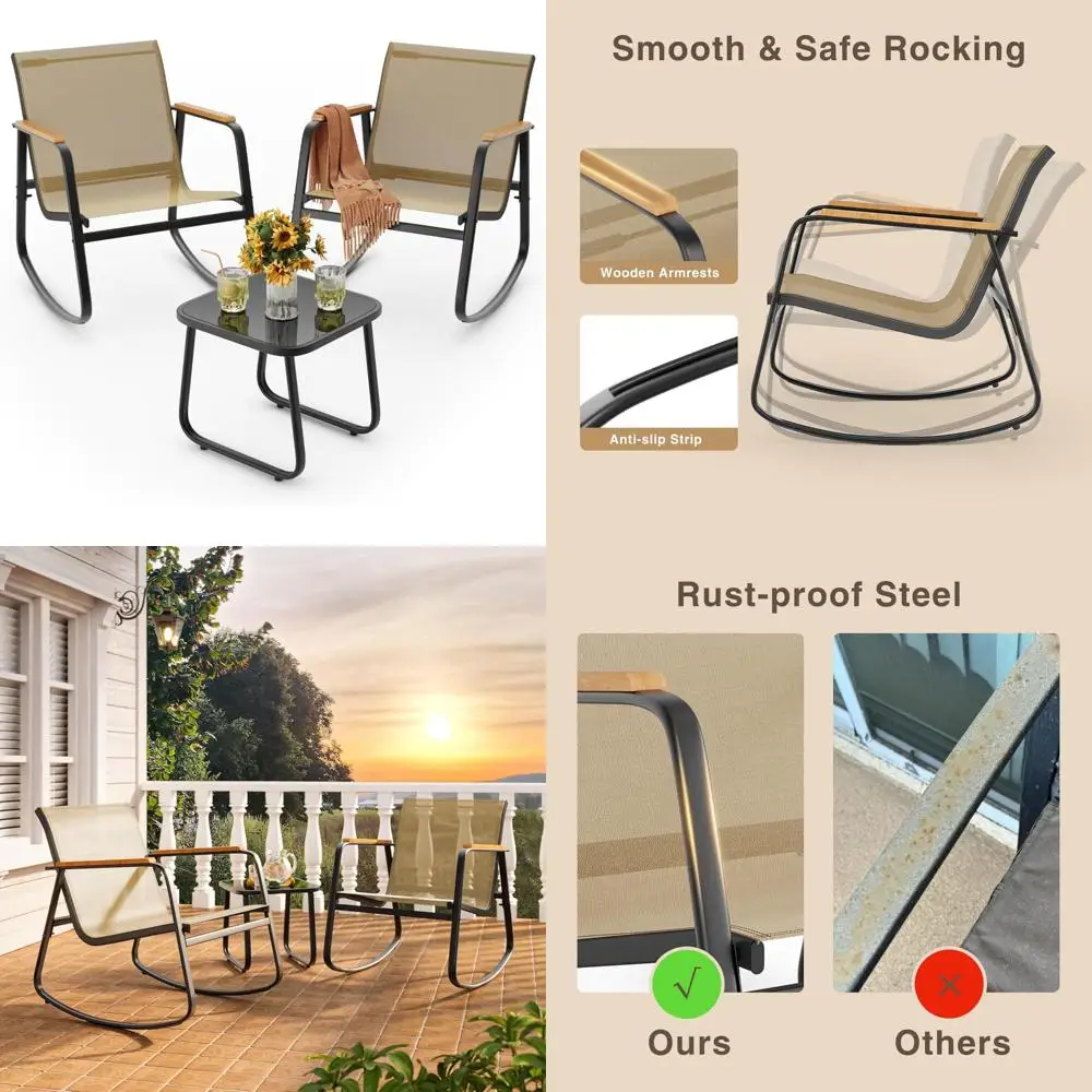Outdoor Patio Rocking Chairs Set with Textilene Fabric, 3-Piece Bistro Furniture, Glass Table, Comfortable Seating for Relaxatio