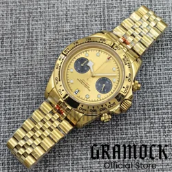Gramock 39mm Black Panda Gold Multifunctional Quartz VK64 Reloj Men's Watch Sapphire Glass Gold Snowflake Hand C3 Green Luminous