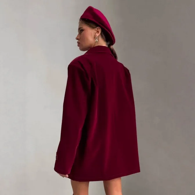 2025 Retro Weinrote Jacke Herbst Winter Samt Oberbekleidung Einreiher Langarm Mode Kleidung Damen High-End-Mäntel