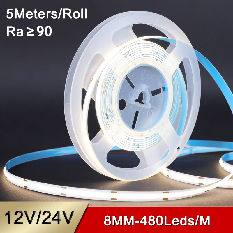 

High Cri Ra95 8mm 480Leds/m 5M/Roll Dotless Flexible Cuttable Dc 12v 24v Cob Led Strip Light for Home Decor / Commercial